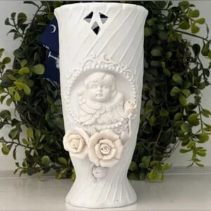 Vintage 8" Porcelain Bisque Ivory Victorian Charming Cherub & Florals Vase